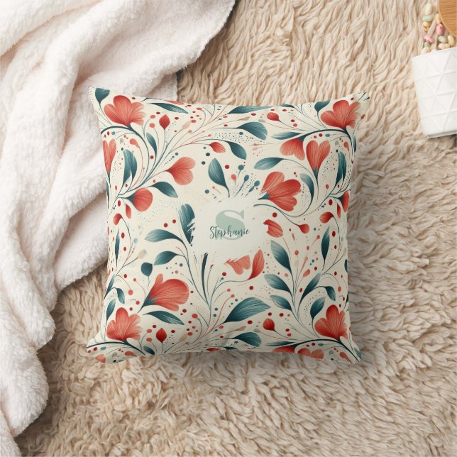 Whimsical Blue Leaf & Red Floral Pattern Cushion (Blanket)
