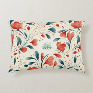 Whimsical Blue Leaf & Red Floral Pattern Decorative Cushion