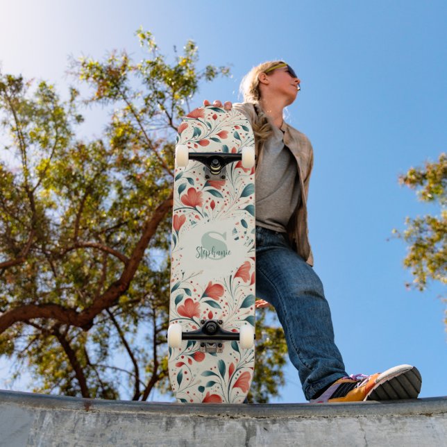 Whimsical Blue Leaf & Red Floral Pattern Skateboard (Outdoor 1)