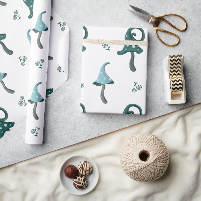 Whimsical Blue Mushroom Wrapping Paper (Crafts)
