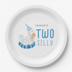Whimsical Blue One Silly Goose First Birthday Paper Plate