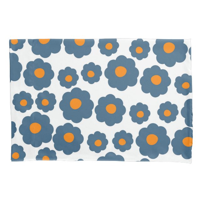 Whimsical Blue & Orange Floral Retro, Cheerful Pillowcase (Front)
