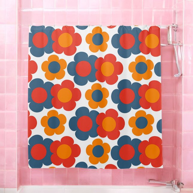 Whimsical Blue & Orange Floral Retro Cheerful Shower Curtain (Creator Uploaded)
