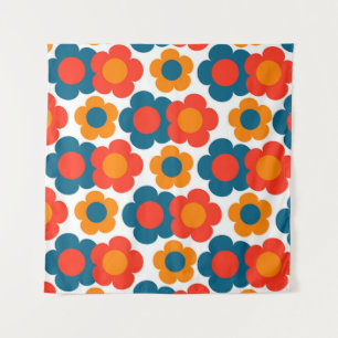 Whimsical Blue & Orange Floral Retro Cheerful Tapestry