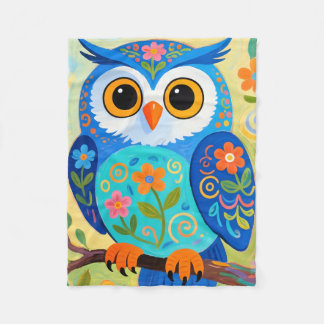 Whimsical Blue Owl & Floral Folk Art Soft Fleece  Blanket