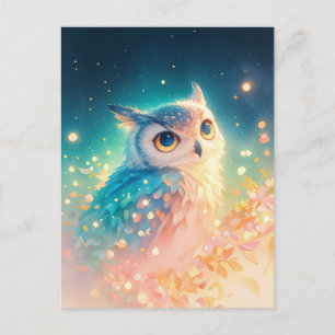Whimsical Blue Owl in Glowing Forest Postcard