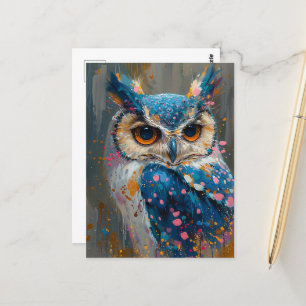 whimsical blue owl paint splatters postcard