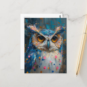 whimsical blue owl polka dot splatters postcard