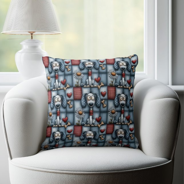 Whimsical Blue Patchwork Dog Pattern Cushion (Creator Uploaded)