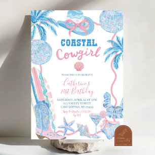 Whimsical Blue Pink Coastal Cowgirl Birthday Invit Invitation