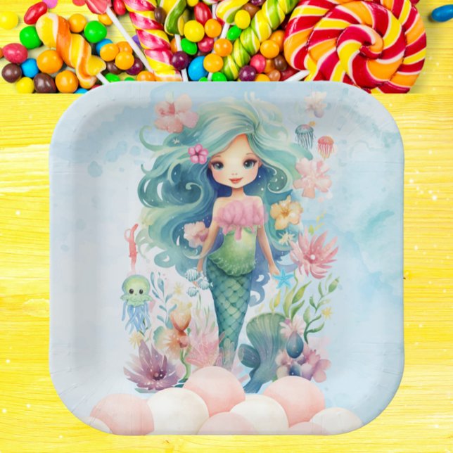 Whimsical Blue & Pink Mermaid Birthday Paper Plate (Whimsical Mermaid Birthday Paper Plate - Pink & Blue Under the Sea Party - Cute Girl Ocean Theme)