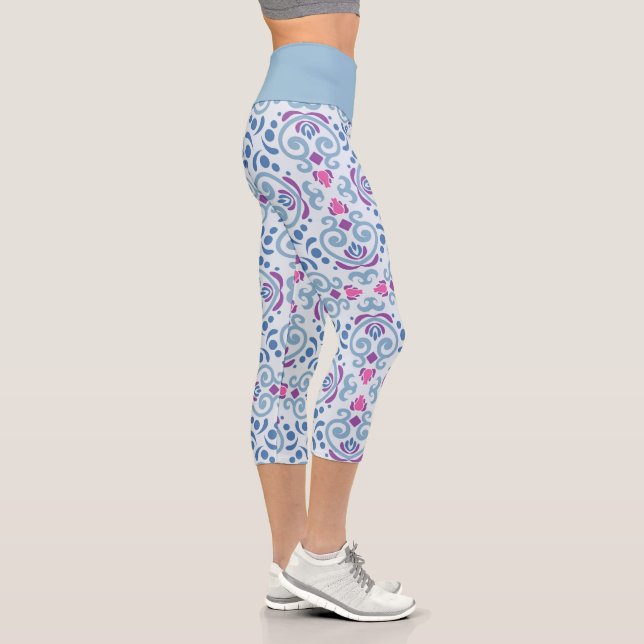 Whimsical Blue Pink Purple Patterned Capri Leggings (Right)