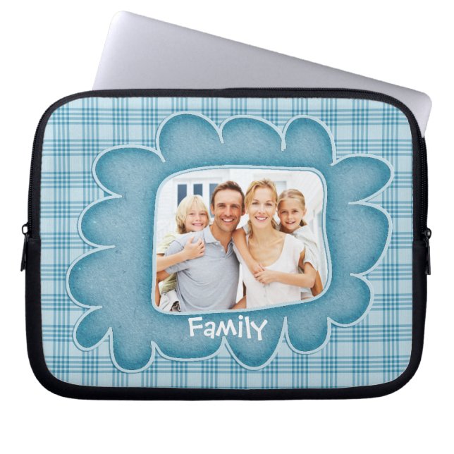Whimsical Blue Plaid Family Photo Laptop Sleeve (Front)