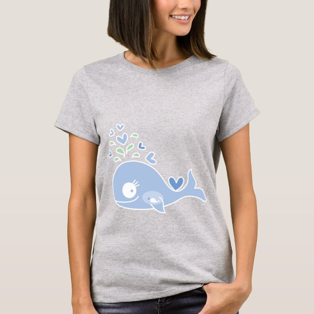 Whimsical Blue Pregnant Mummy Whale With Baby Boy T-Shirt (Front)