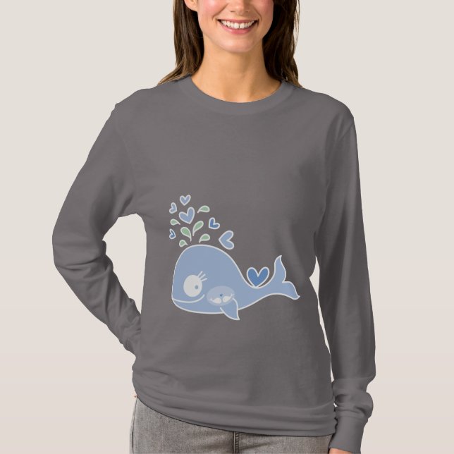 Whimsical Blue Pregnant Whale With Twin Baby Boys T-Shirt (Front)