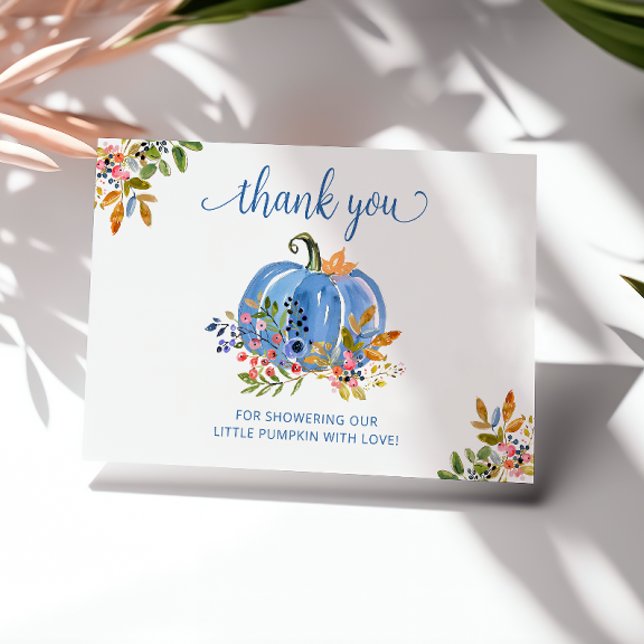 Whimsical Blue Pumpkin Autumn Floral Baby Shower Thank You Card (Creator Uploaded)