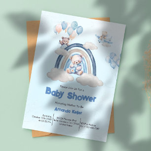 Whimsical Blue Rainbow Teddy Bear Baby Shower  Invitation