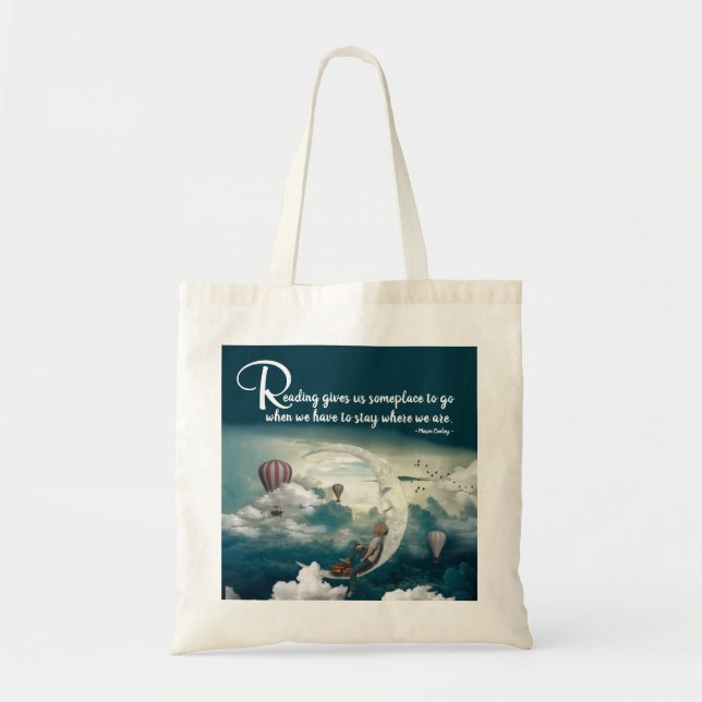 Whimsical Blue Reading Quote Book Lovers Tote Bag (Front)
