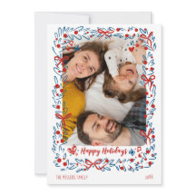 Whimsical blue red Christmas Photo Card wreath