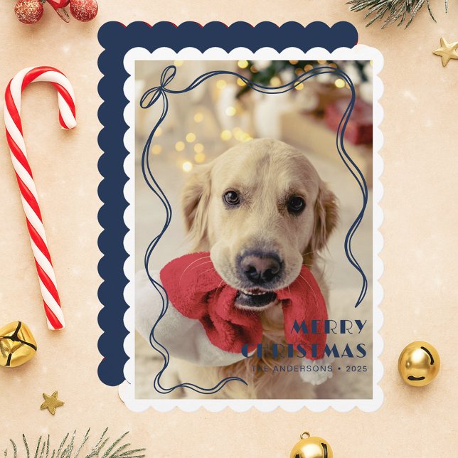 Whimsical blue Ribbon Pet Photo Merry Christmas Holiday Card (Creator Uploaded)