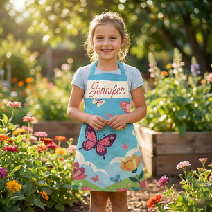 Whimsical Blue Sky Butterflies and Floral Garden Apron