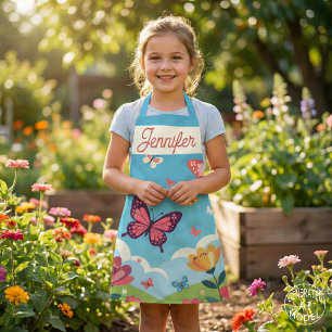 Whimsical Blue Sky Butterflies and Floral Garden Apron