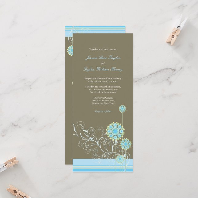 Whimsical Blue Snow Flower Swirls Winter Wedding Invitation (Front/Back In Situ)