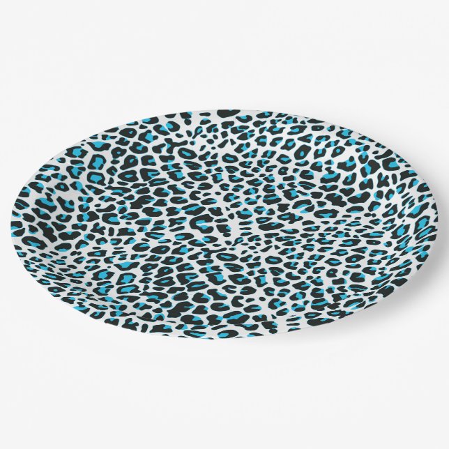 Whimsical Blue Snow Leopard Print Paper Plates (Angled)