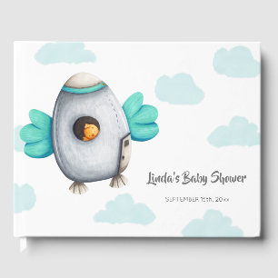 Whimsical Blue Spaceship and Chicken Baby Shower Guest Book