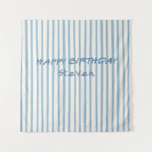 Whimsical Blue Striped Happy Birthday Backdrop Tapestry