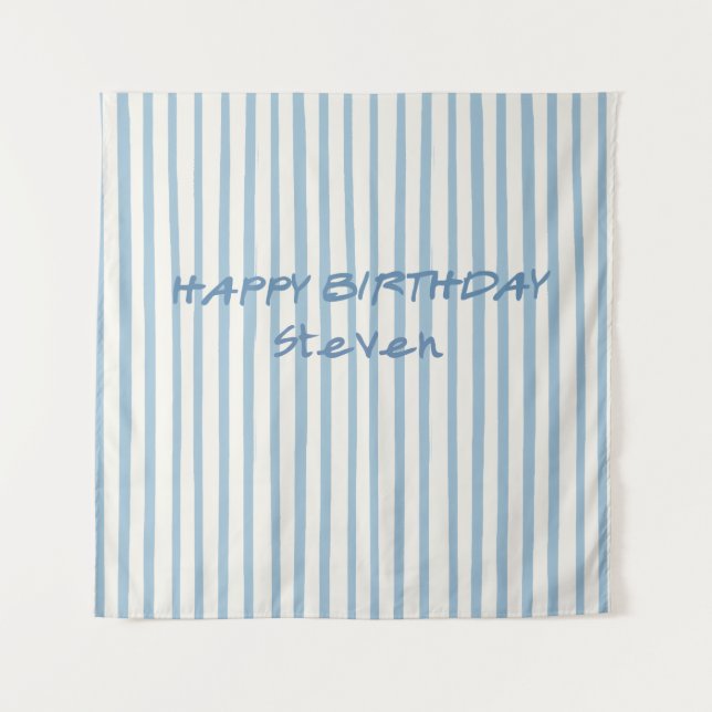 Whimsical Blue Striped Happy Birthday Backdrop Tapestry (Front)