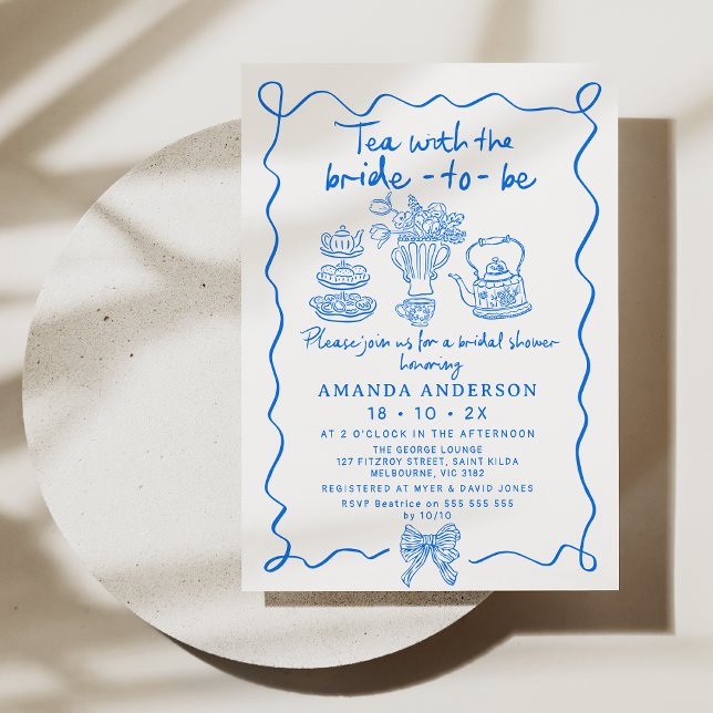 Whimsical Blue Tea Hand Drawn Bridal Shower  Invitation (Hand Drawn Tea With bride to Be Bridal Shower Invitation, Hand Drawn Bridal Tea Invitation, Blue)