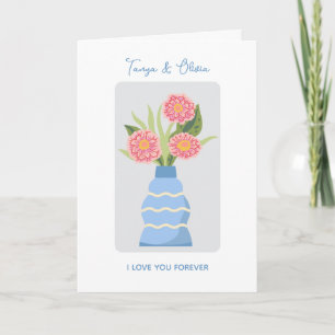 Whimsical blue vase with pink flowers illustration card