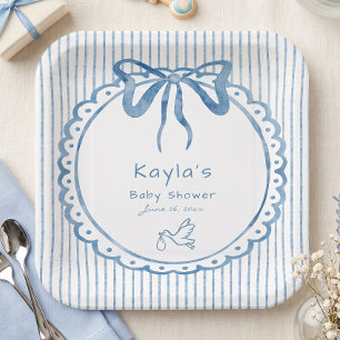 Whimsical Blue Watercolor Bow Stripe Baby Shower Paper Plate
