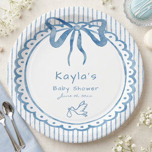 Whimsical Blue Watercolor Bow Stripe Baby Shower Paper Plate