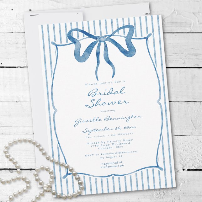 Whimsical Blue Watercolor Bow Stripe Bridal Shower Invitation (Whimsical Blue Watercolor Bow Stripe Bridal Shower Invitation)
