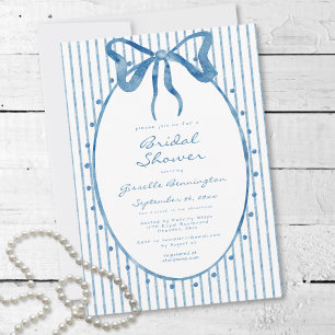 Whimsical Blue Watercolor Bow Stripe Bridal Shower Invitation