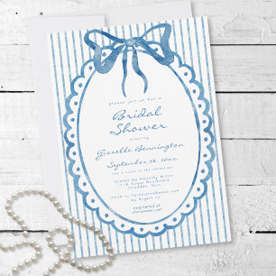 Whimsical Blue Watercolor Bow Stripe Bridal Shower Invitation