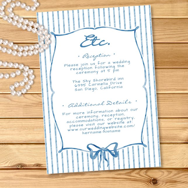 Whimsical Blue Watercolor Bow Stripe Wedding Enclosure Card (Whimsical Blue Watercolor Bow Stripe Wedding Enclosure Card)
