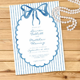 Whimsical Blue Watercolor Bow Stripe Wedding Invitation