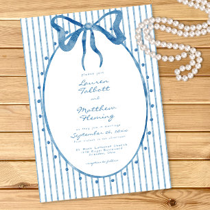 Whimsical Blue Watercolor Bow Stripe Wedding Invitation