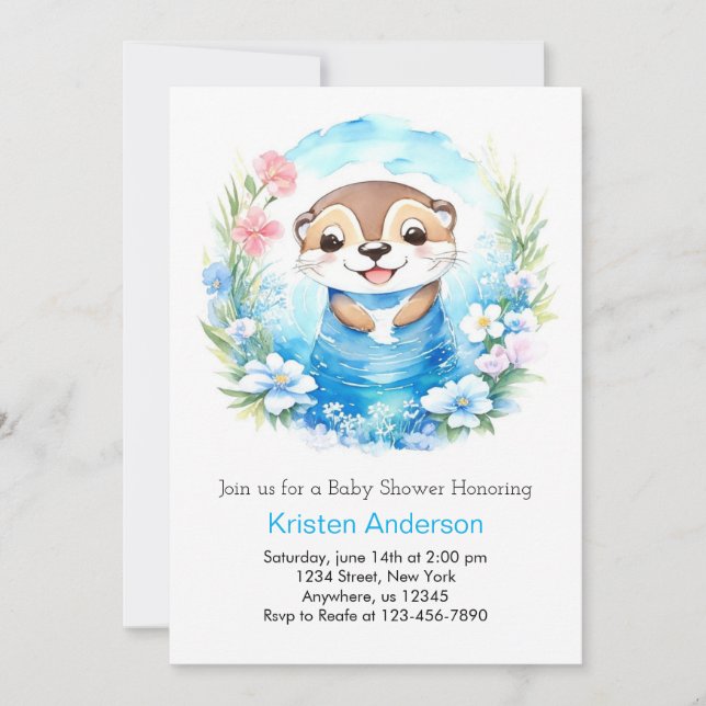 Whimsical Blue Watercolor Otter Boy Baby Shower Invitation (Front)