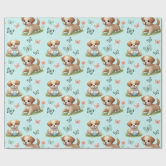 Whimsical Blue Watercolor Puppies and Butterflies Wrapping Paper
