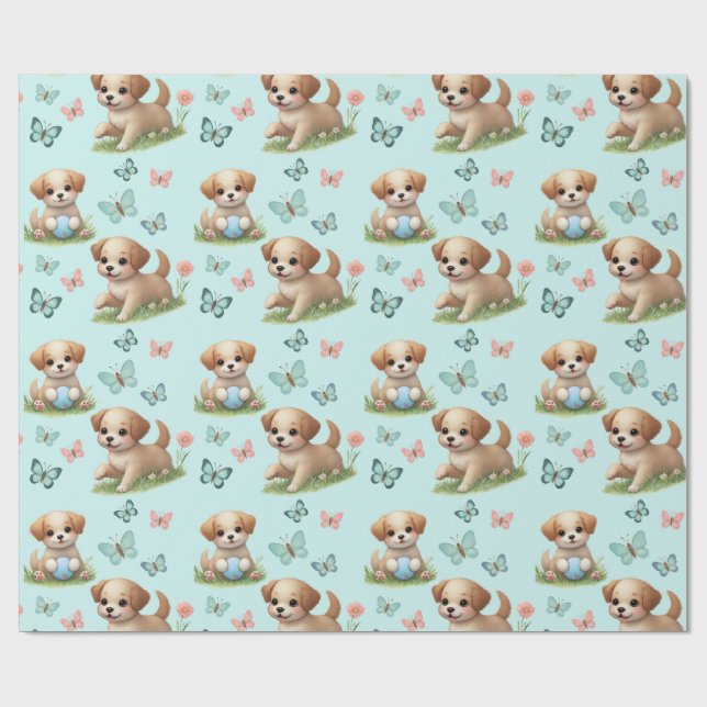 Whimsical Blue Watercolor Puppies and Butterflies Wrapping Paper (Flat)