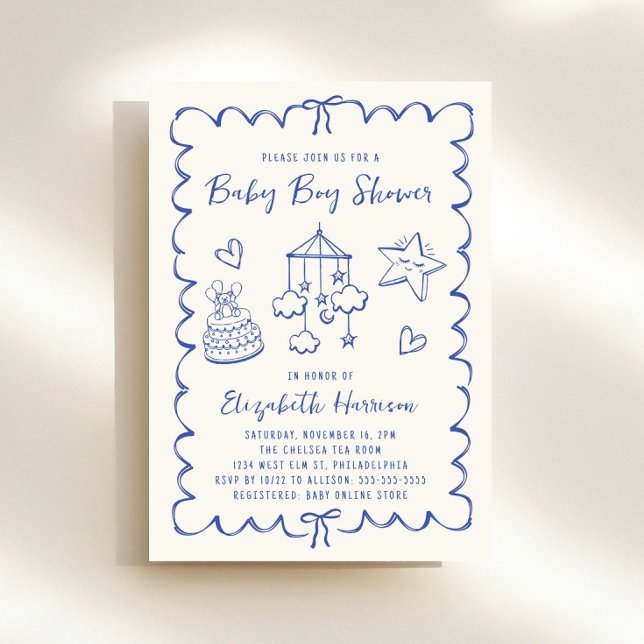 Whimsical Blue Wavy Frame Baby Boy Shower Invitation (Creator Uploaded)