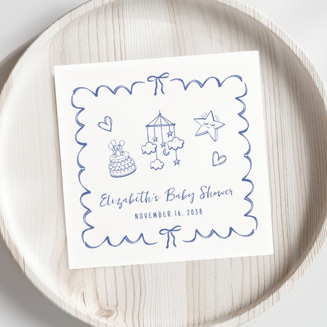 Whimsical Blue Wavy Frame Baby Boy Shower Napkin (Creator Uploaded)