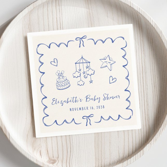 Whimsical Blue Wavy Frame Baby Boy Shower Napkin (Creator Uploaded)