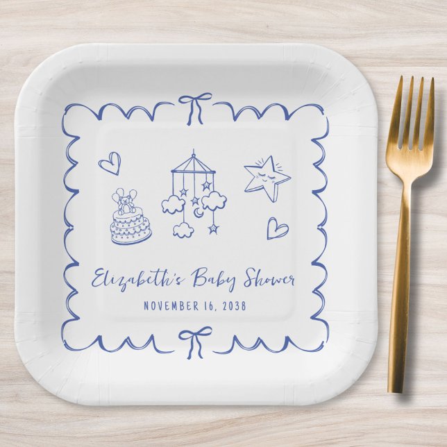 Whimsical Blue Wavy Frame Baby Boy Shower Paper Plate (Creator Uploaded)