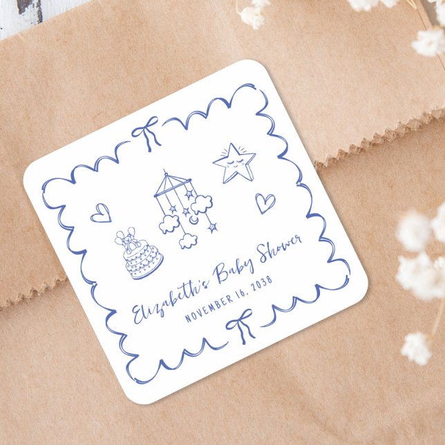 Whimsical Blue Wavy Frame Baby Boy Shower Square Sticker (Creator Uploaded)