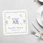 Whimsical Blue Wavy Frame Cream Wedding Square Paper Coaster<br><div class="desc">Romantic light cream coasters for your engagement party,  rehearsal dinner,  wedding reception,  party favors,  etc.,  featuring a french blue wavy frame adorned with coquette bows,  whimsical hand drawn illustrations of a heart,  stars and wine glasses,  and the names of the bride and groom in a playful blue script.</div>